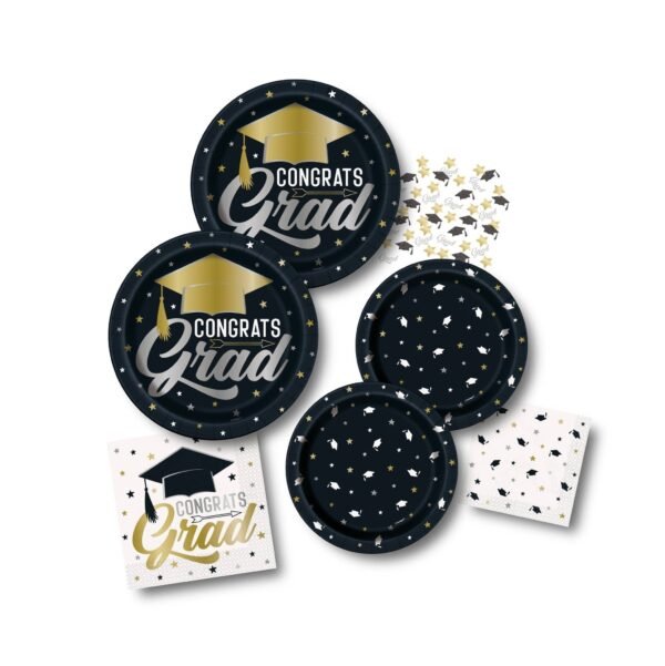Black & Gold Graduation Party Paper Plates, Napkins & Confetti