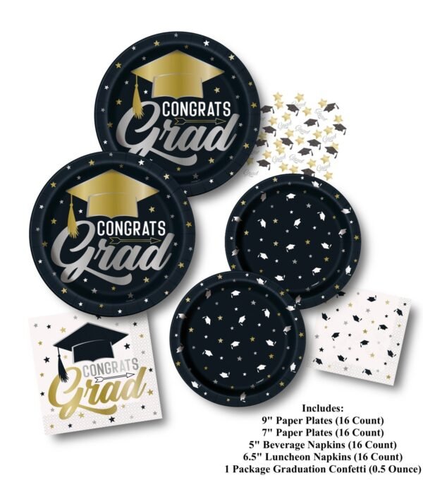 Black & Gold Graduation Party Paper Plates, Napkins & Confetti - 图片 2