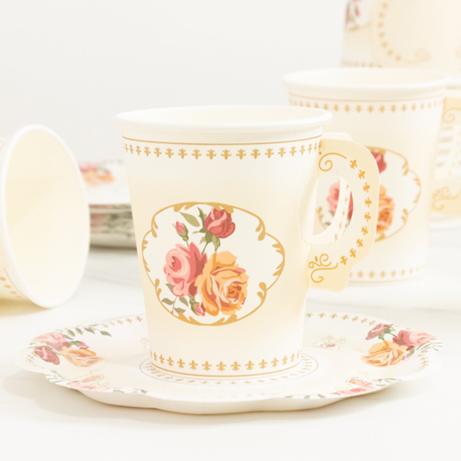 Rose Floral Print Paper Cups and Saucers - Image 2