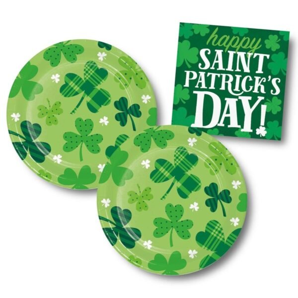 Green Shamrock St. Patricks Plates & Napkins (16 Guests)