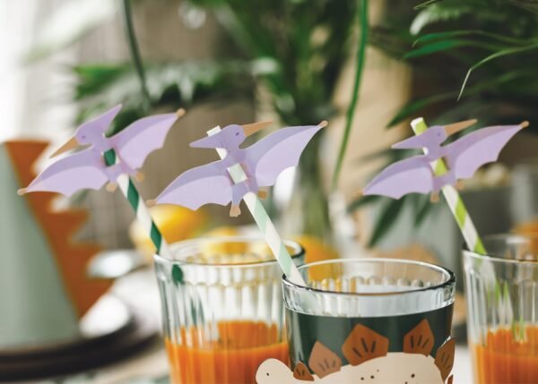 Green & White Striped Pterodactyl Paper Straws 6ct - 图片 2