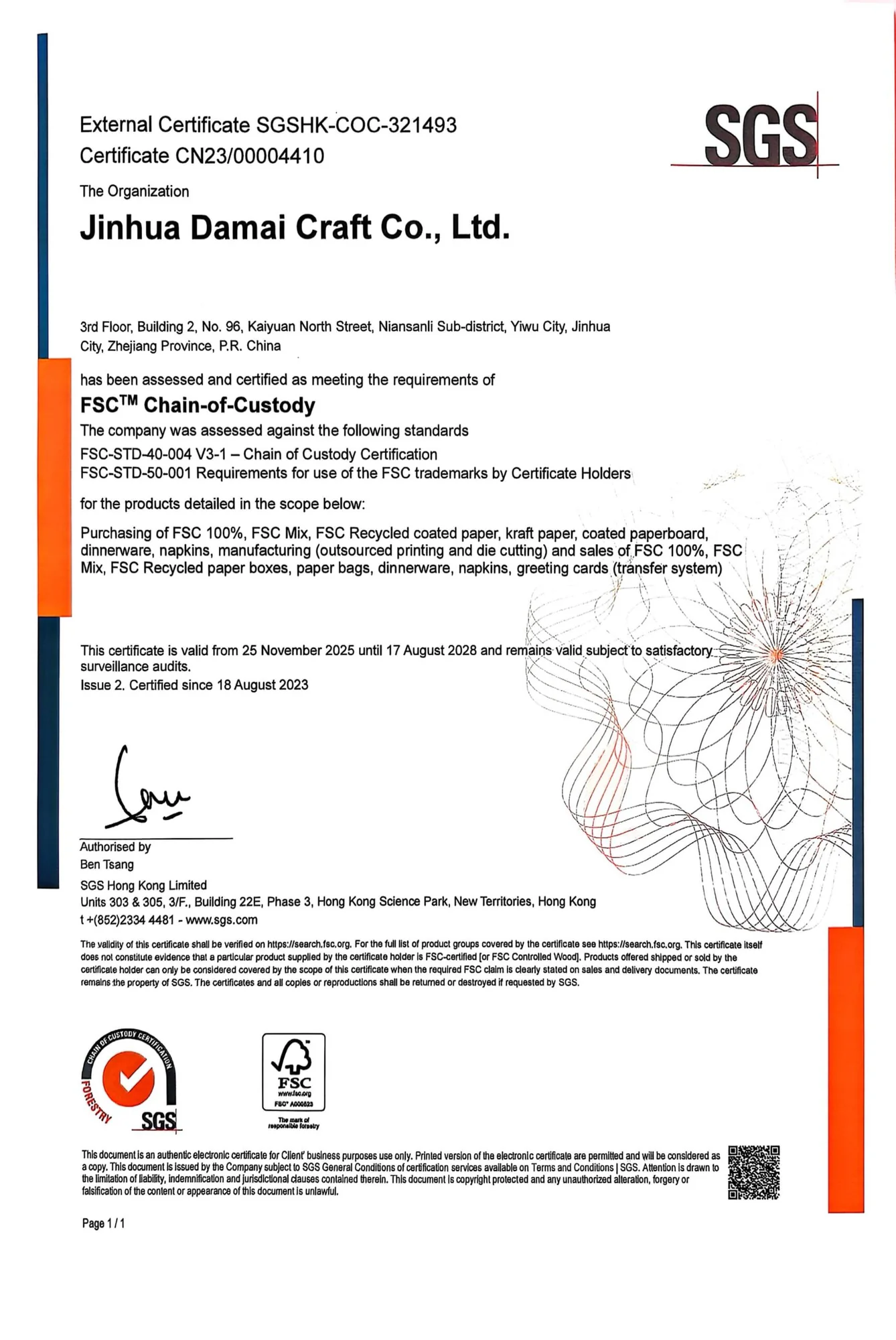 SGS FSC Chain of Custody certificate CN23/00004410 for Jinhua Damai Craft Co., Ltd., valid through 17 August 2028