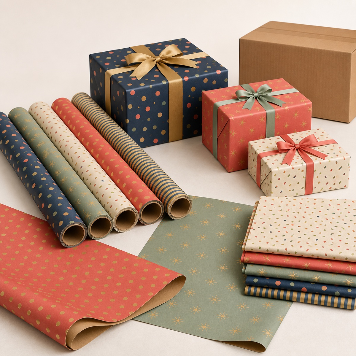 Custom printed gift wrapping paper rolls and sheets for wholesale private-label sourcing