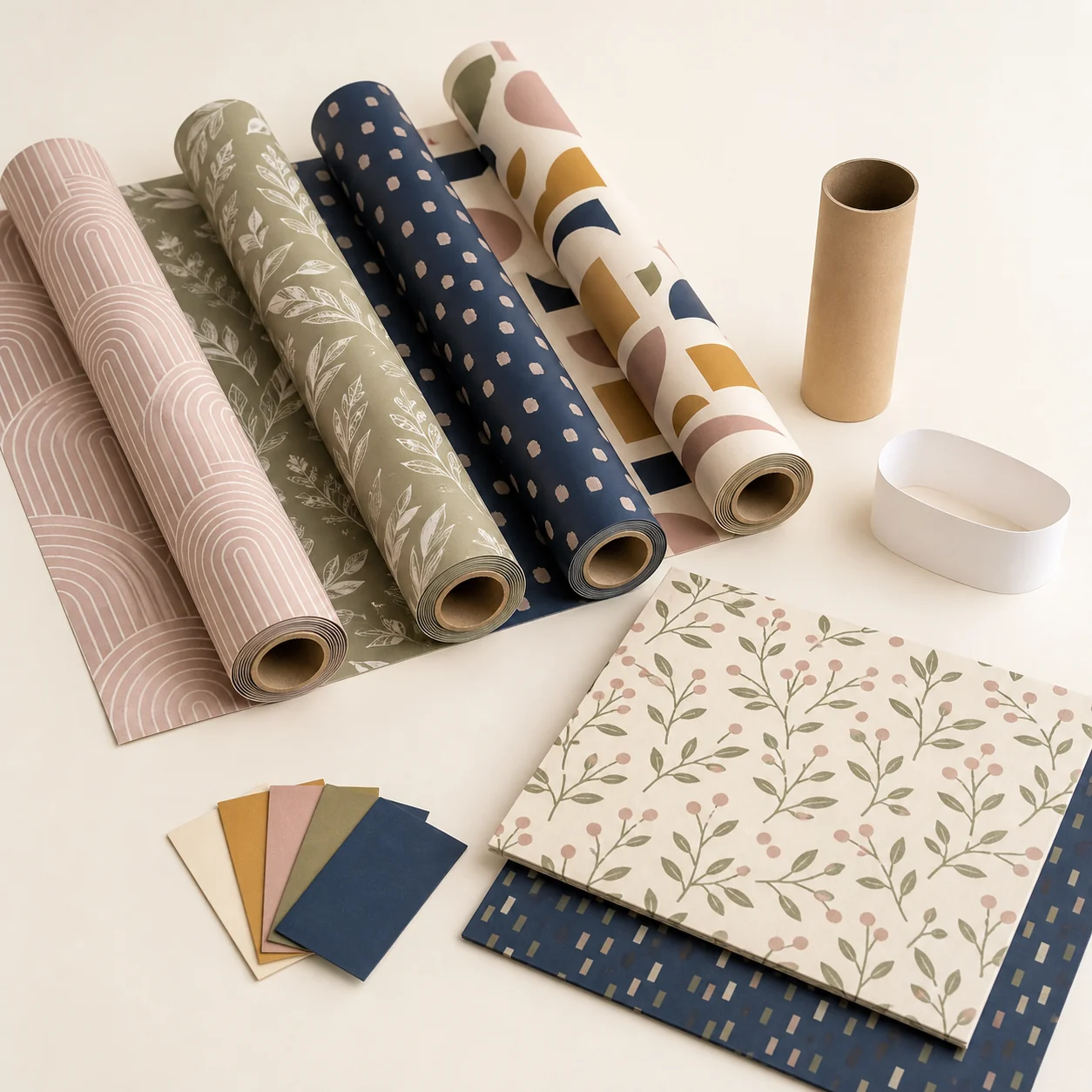 Custom gift wrapping paper rolls sheets paper cores packaging band and color swatches