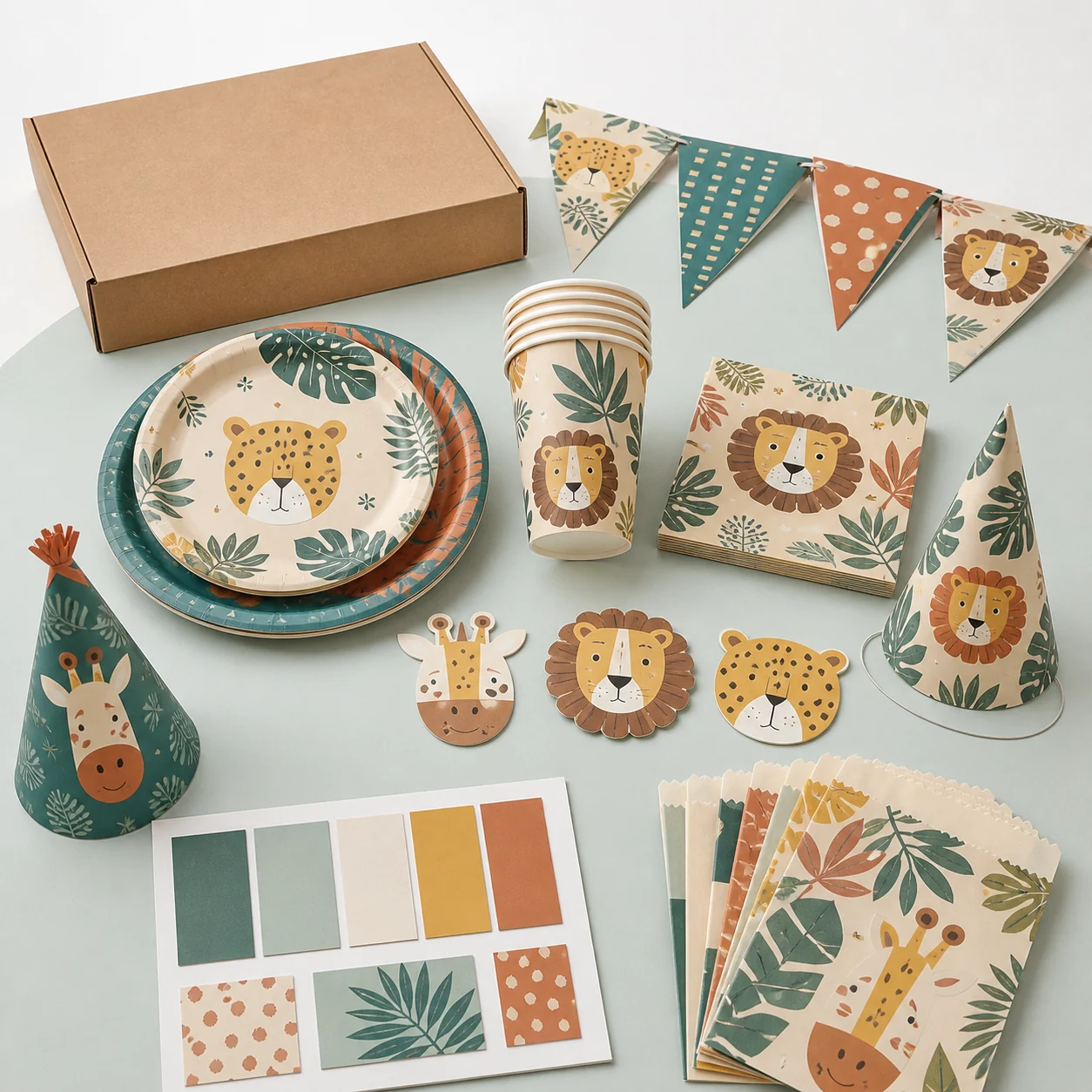 Original non-IP kids birthday kit with plates cups napkins banner favor bags hats carton and color swatches