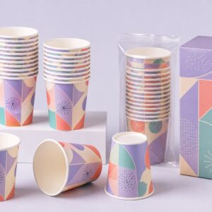 Custom 9 oz geometric paper party cups with clear sleeve and private label carton concept
