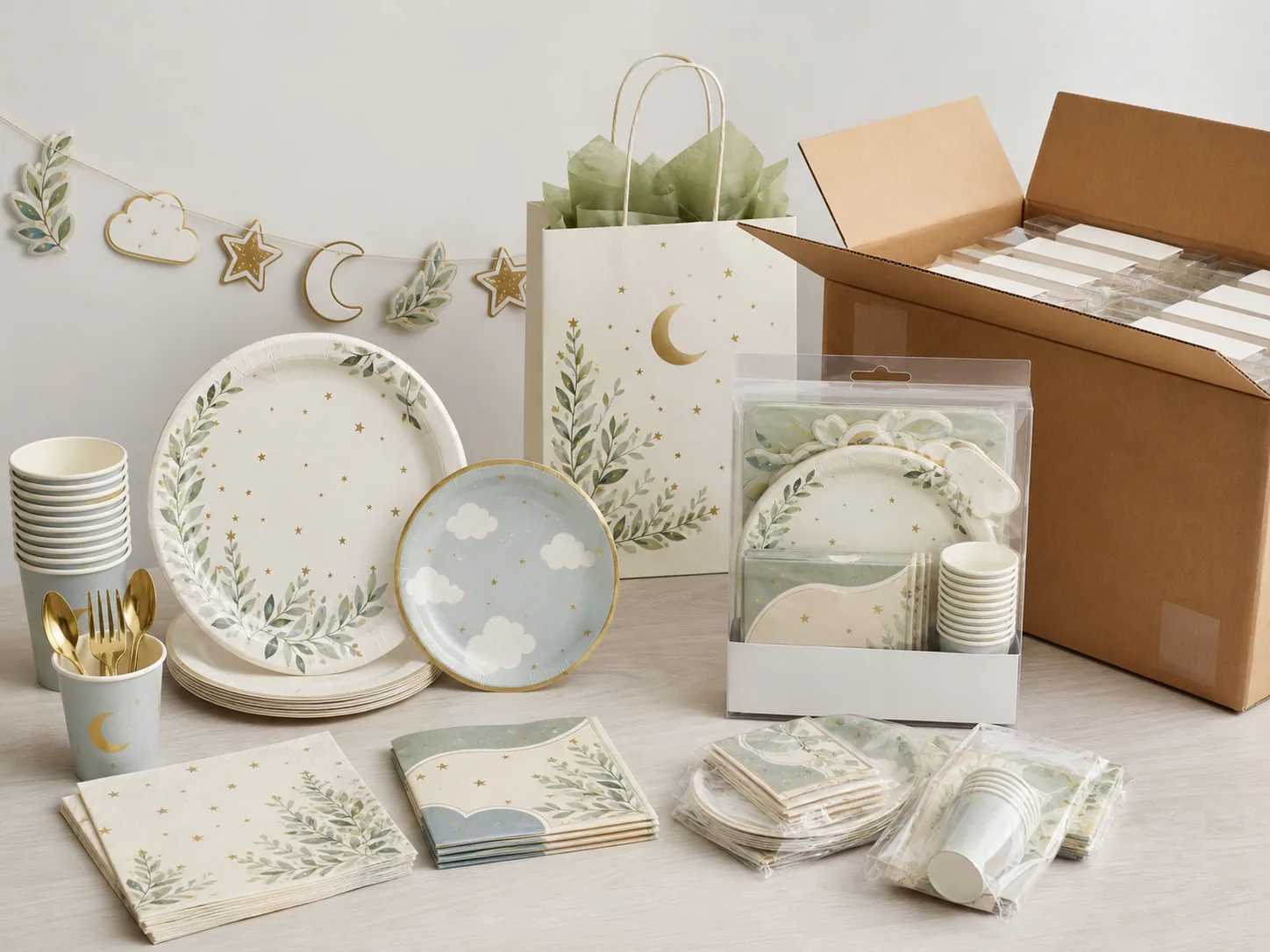 Baby shower paper tableware set with retail pack, inner packs and master carton for wholesale review