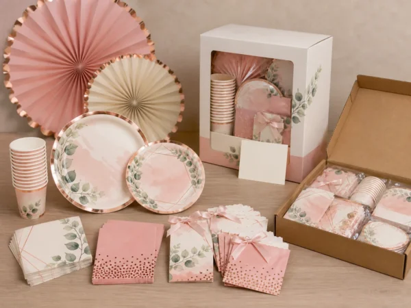 Bridal shower paper tableware assortment with retail-ready packaging and inner packs