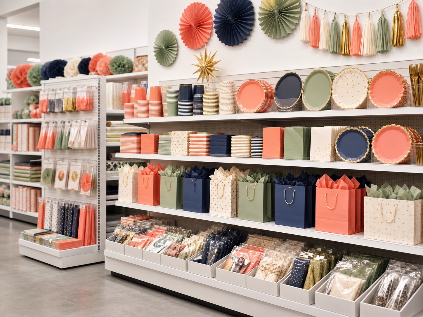 Shelf-ready wholesale party supplies arranged for a retail chain program