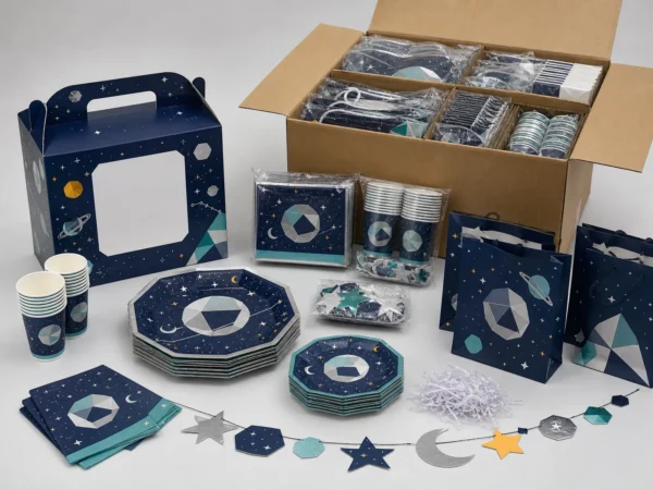 Non-IP kids birthday party kit with retail box, inner component packs and divided master carton