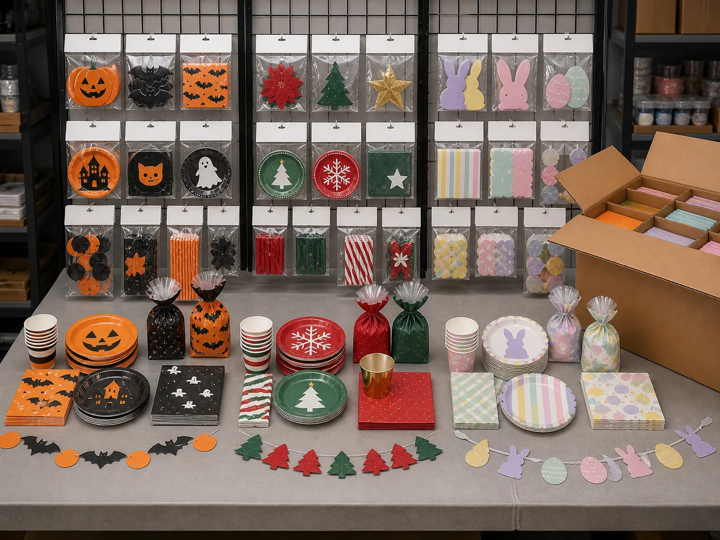 Seasonal party supplies shelf assortment with retail packs and divided master carton