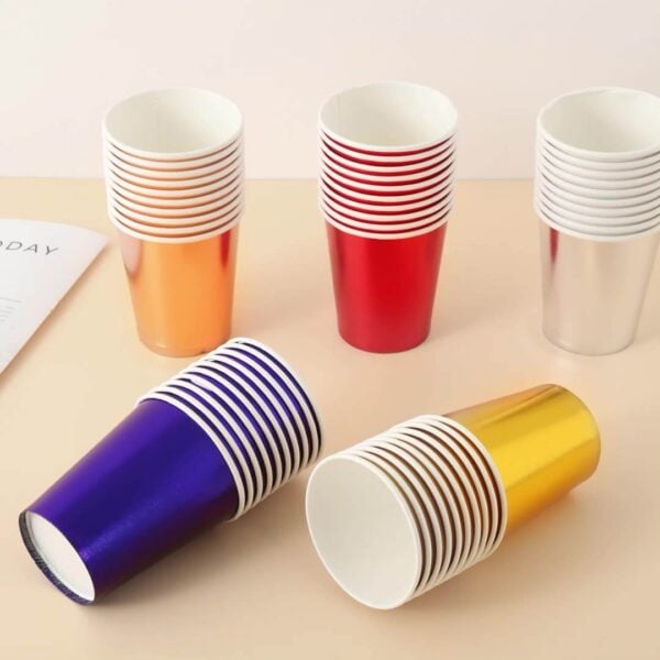 Metallic foil 9 oz disposable paper party cups – real product photo