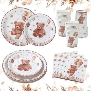 Brown teddy bear party tableware set