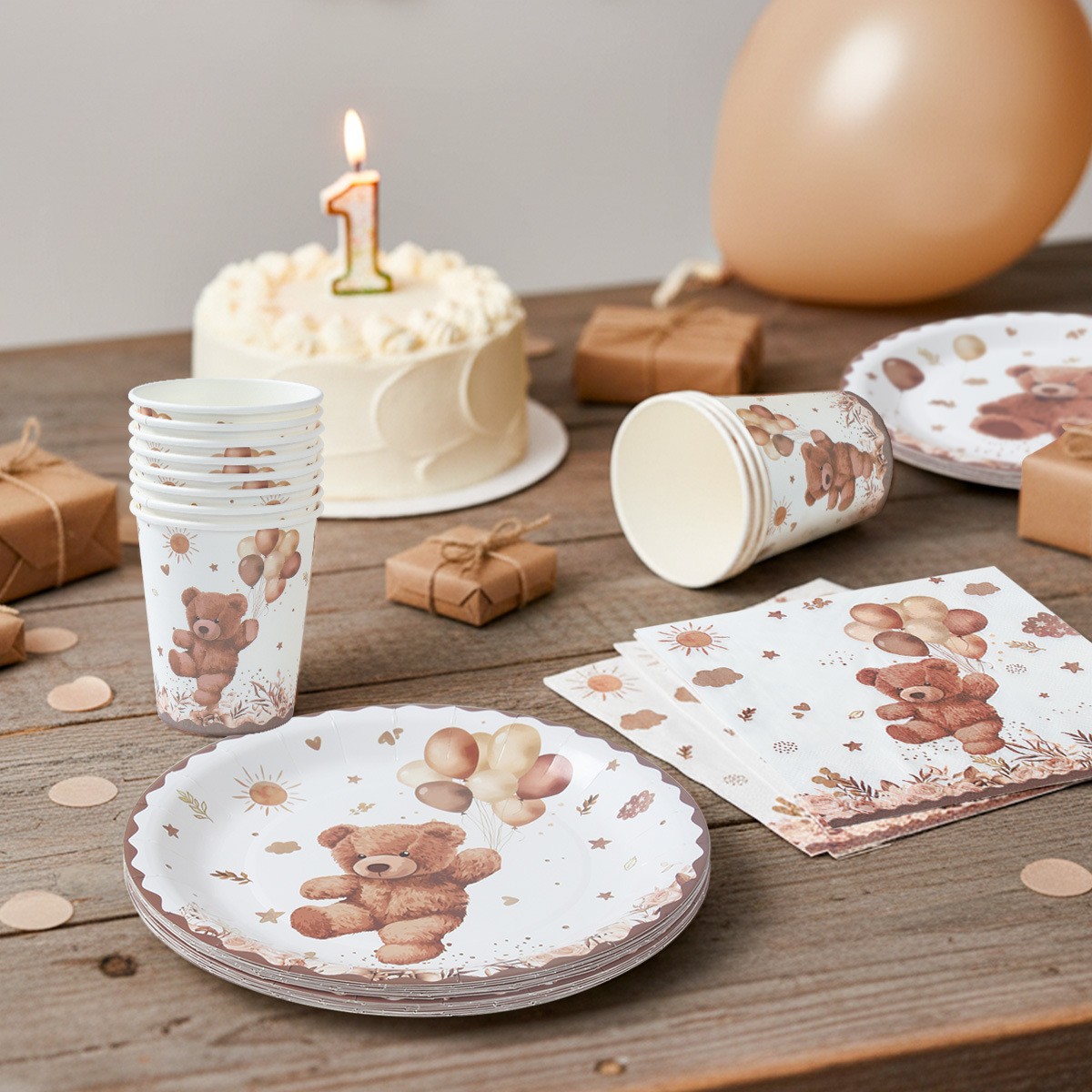 Teddy bear baby shower paper plate set – top view, wholesale party tableware