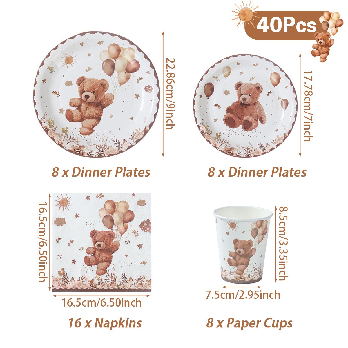 Teddy bear baby shower paper plate set – styled table view, wholesale party tableware