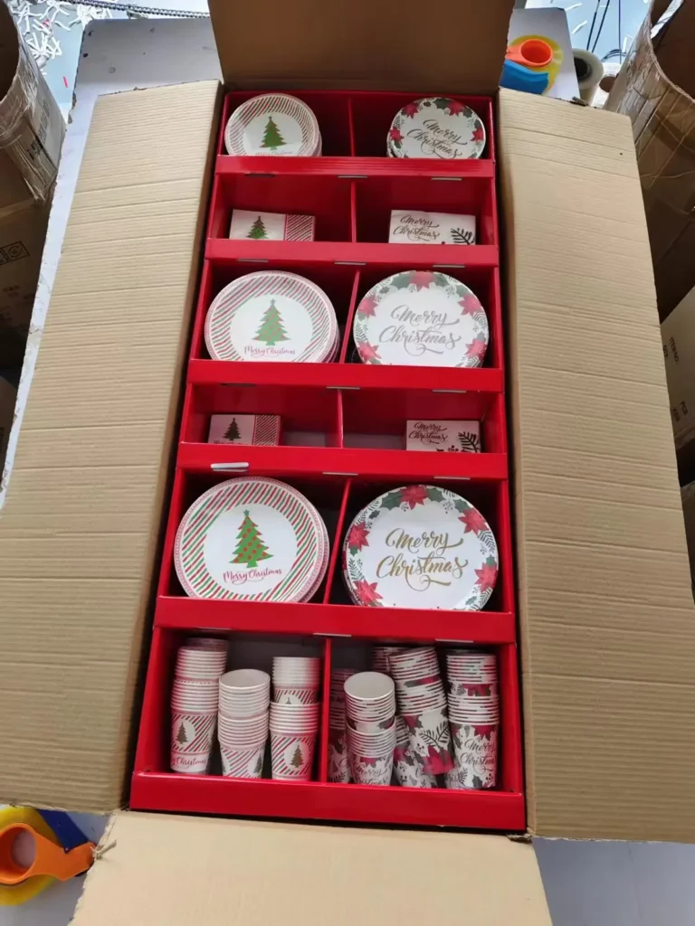 Christmas paper tableware PDQ display packed in a shipping carton