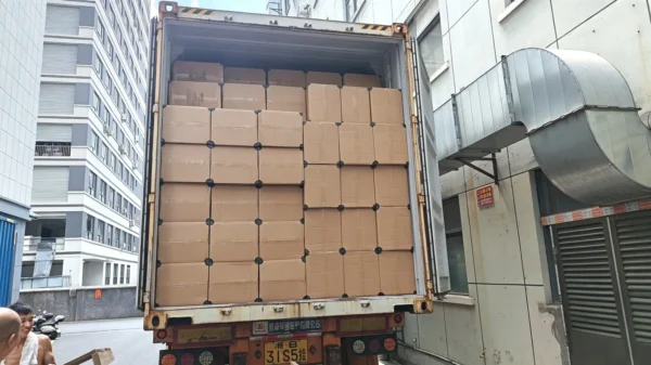 Party supplies cartons loaded into an export container at the factory