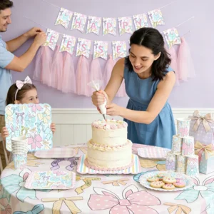 Easter Pink Bow & Spring Floral Tableware Set (Serves 8) | Damai Party