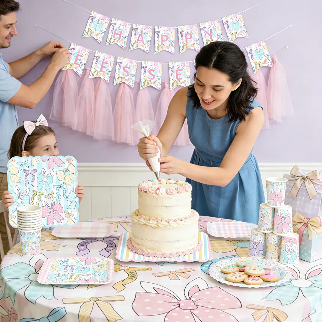 Easter Pink Bow & Spring Floral Tableware Set (Serves 8) | Damai Party