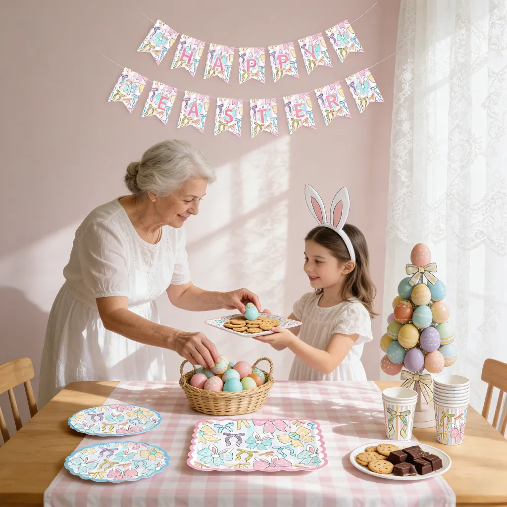 Easter Pink Bow & Spring Floral Tableware Set (Serves 8) – view 2 | Damai Party
