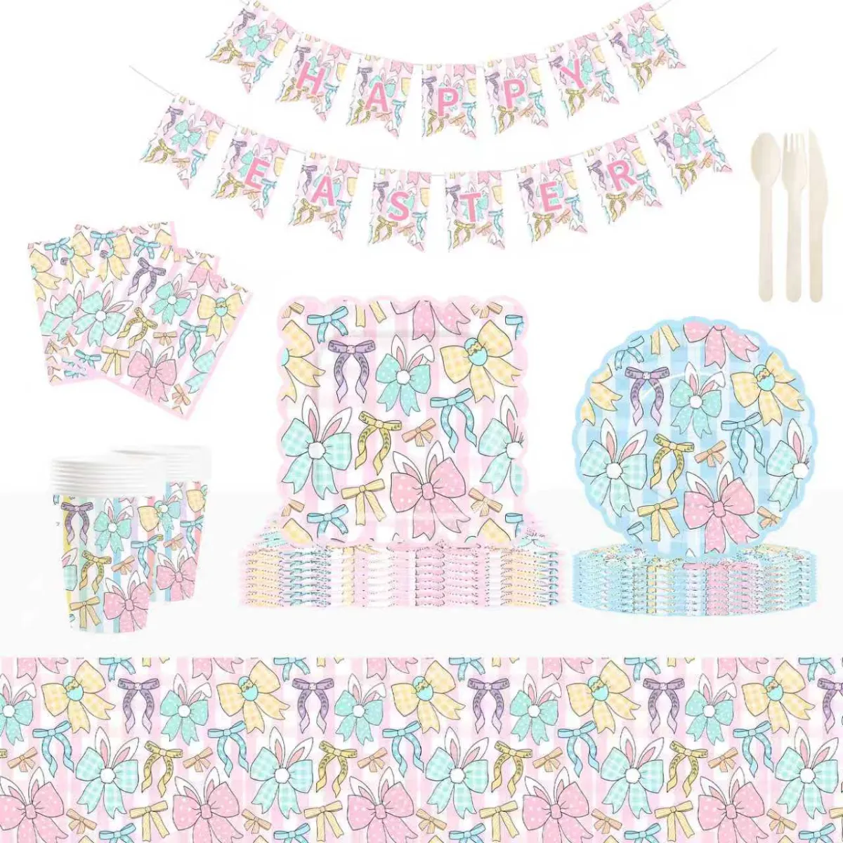 Easter Pink Bow & Spring Floral Tableware Set (Serves 8) – view 3 | Damai Party