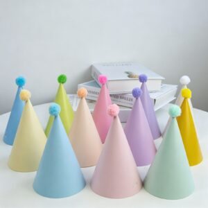Macaron Paper Cone Party Hats with Pom Pom (17 cm)