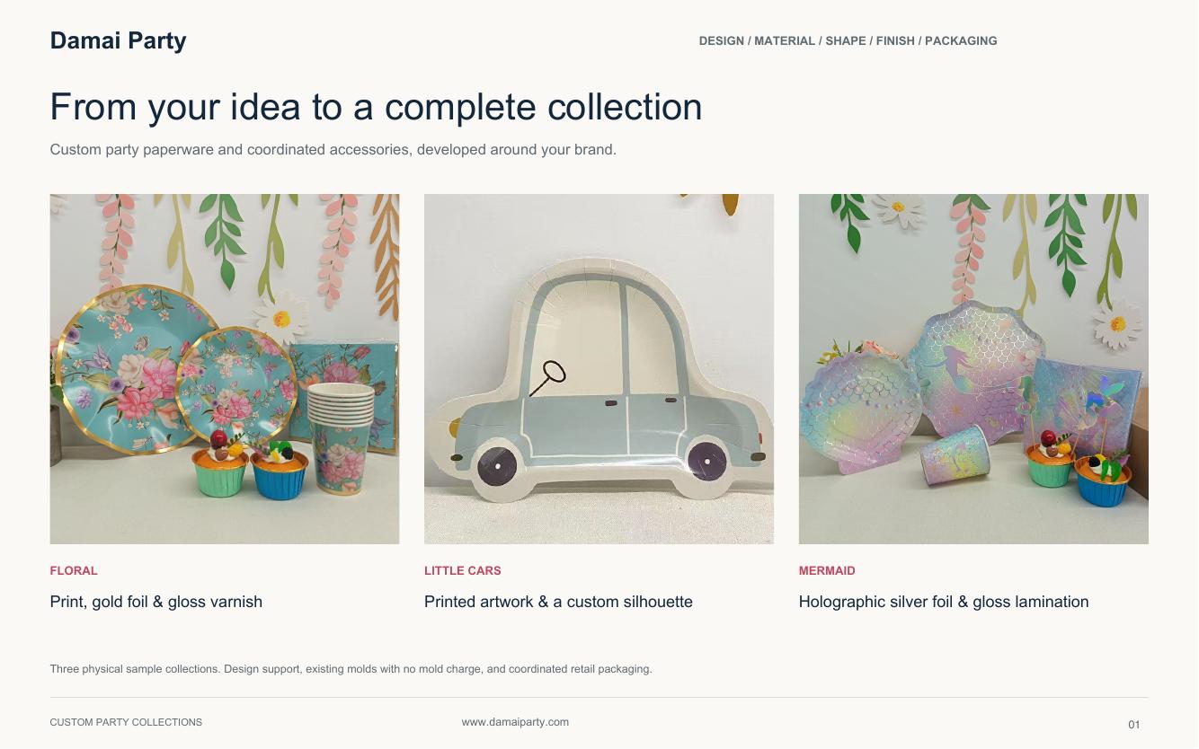 Damai Party custom collection guide with physical Floral, Little Cars and Mermaid partyware samples