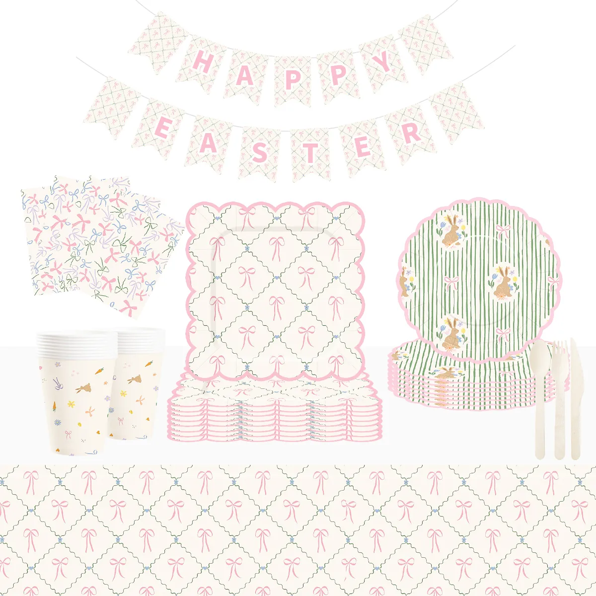 Pink & Green Bow Easter Tableware Set | Damai Party