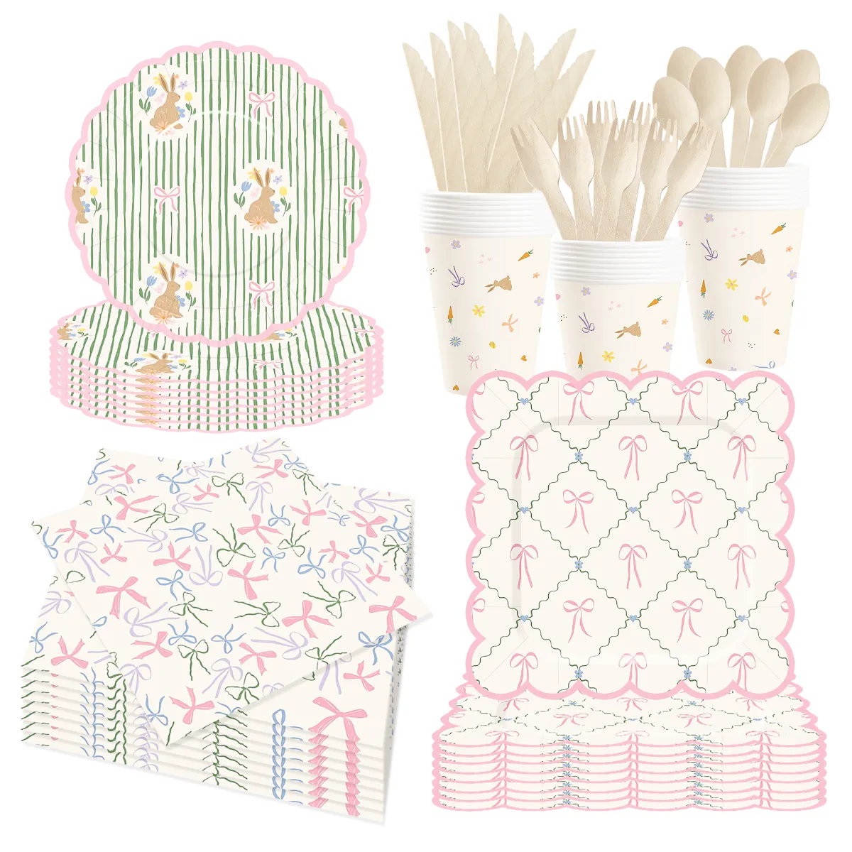 Pink & Green Bow Easter Tableware Set – view 4 | Damai Party