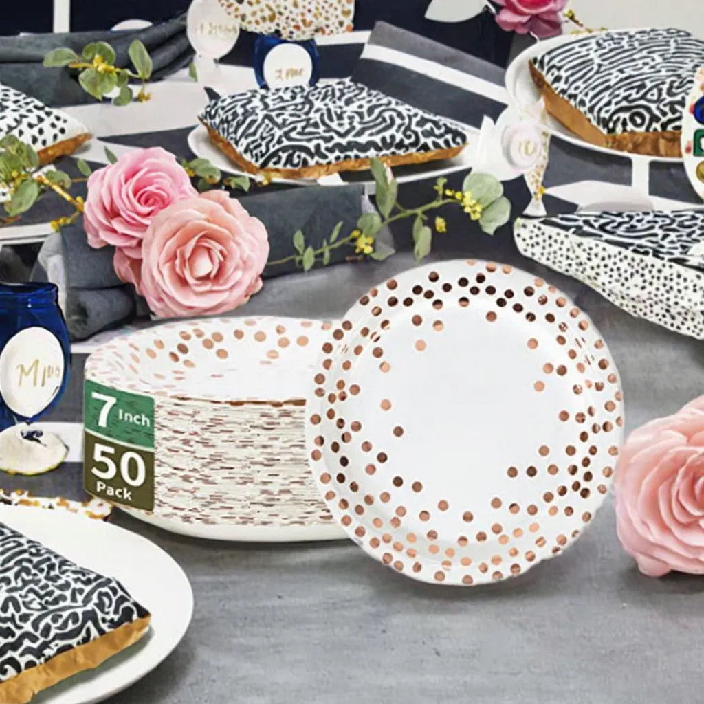 Rose Gold Dot Paper Dessert Plates, 7 Inch – view 3 | Damai Party