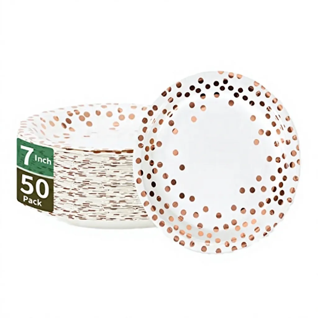 Rose Gold Dot Paper Dessert Plates, 7 Inch – view 4 | Damai Party