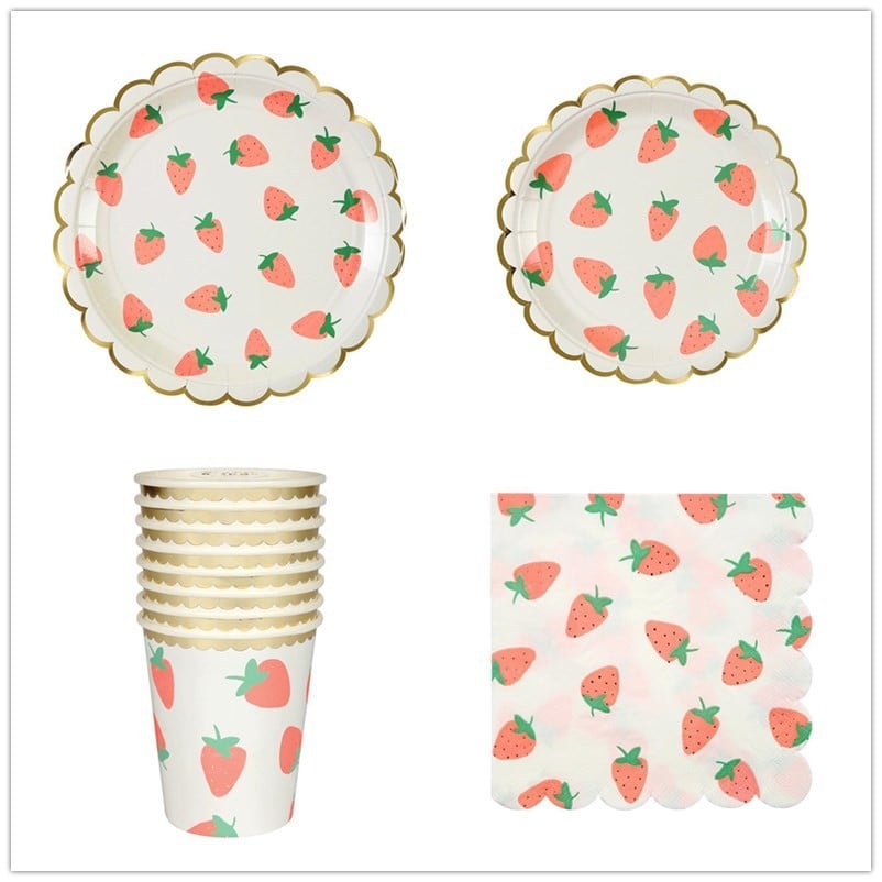 Strawberry gold-foil scalloped paper plate, wholesale party tableware