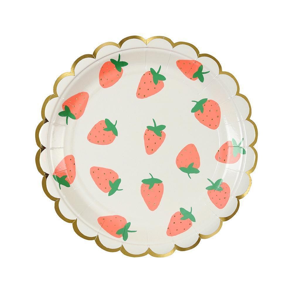 Strawberry gold-foil scalloped paper plate – top view, wholesale party tableware