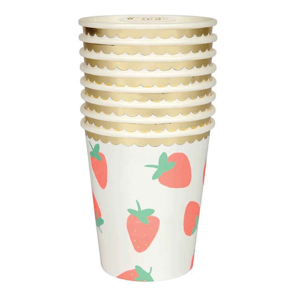 Strawberry gold-foil scalloped paper plate – detail view, wholesale party tableware