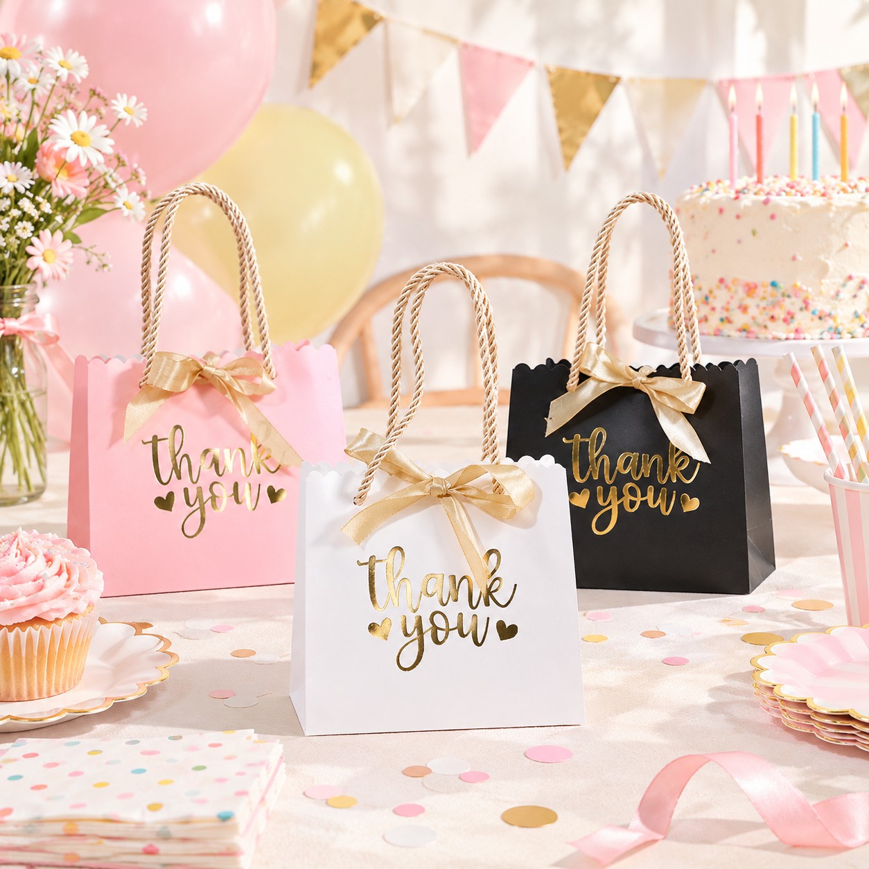 Thank You Paper Gift Bag with Ribbon Handle