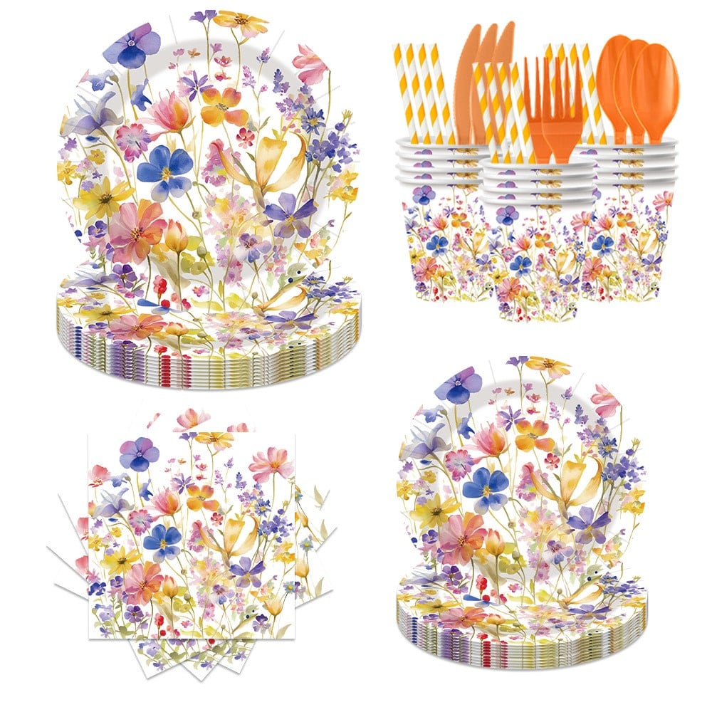 Wildflower watercolor paper plate set, wholesale party tableware