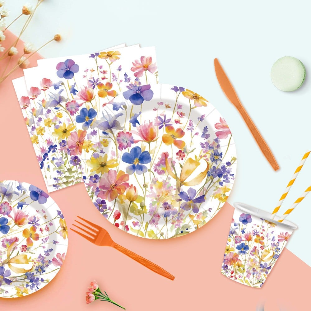 Wildflower watercolor paper plate set – top view, wholesale party tableware