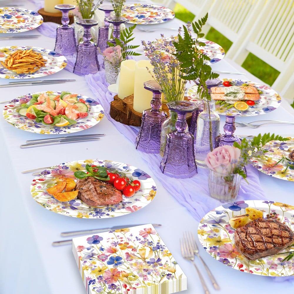 Wildflower watercolor paper plate set – detail view, wholesale party tableware