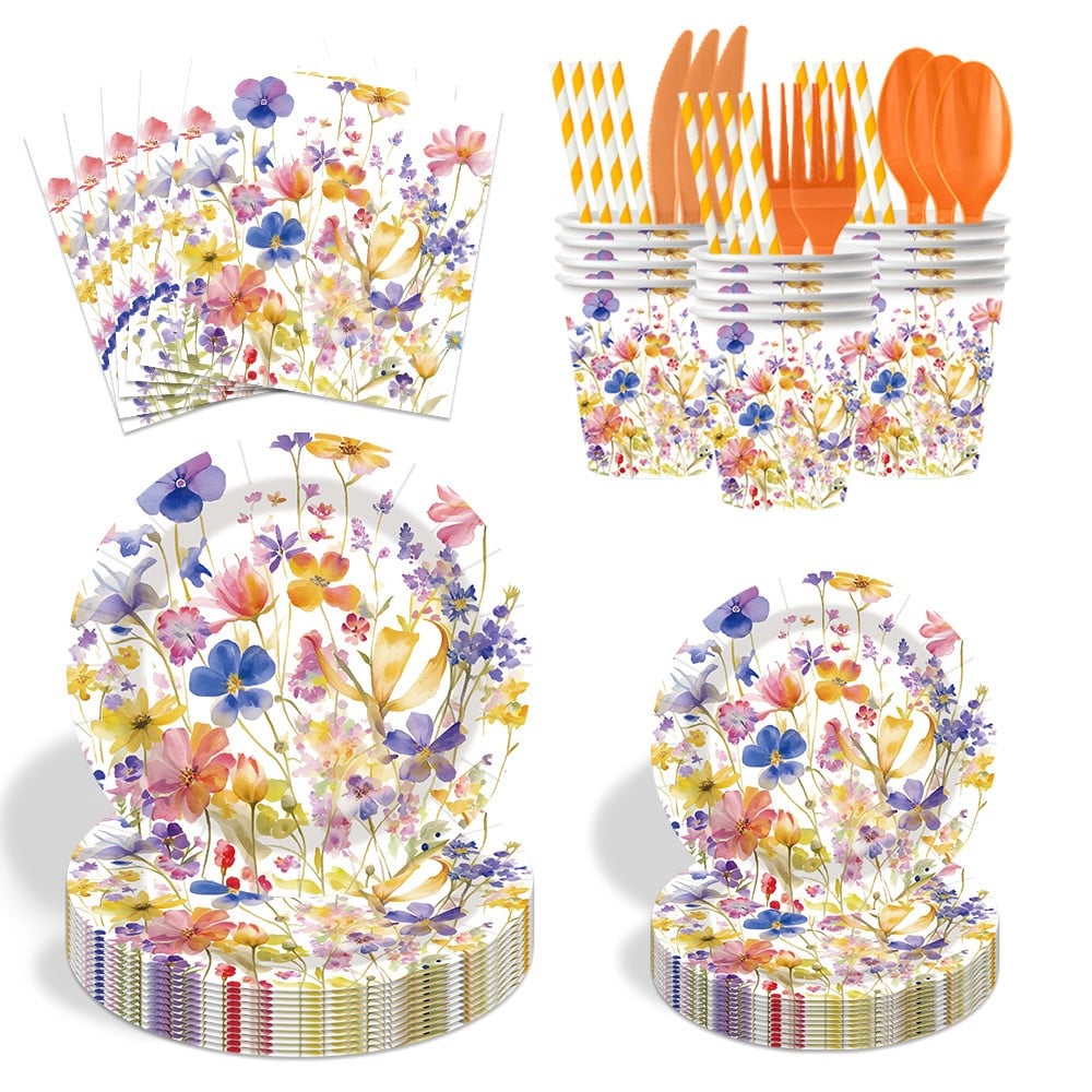 Wildflower watercolor paper plate set – styled table view, wholesale party tableware