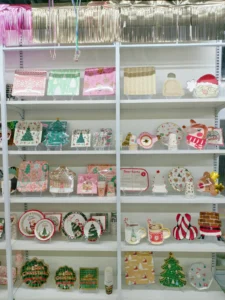 Christmas paper tableware on display