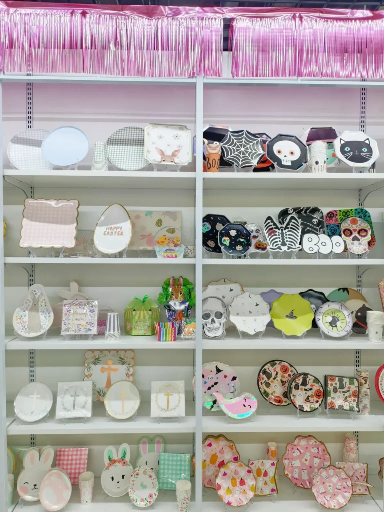 Easter and Halloween paper plate samples in the Damai showroom