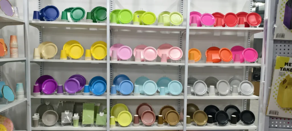 Solid color paper plates and cups on display in the Damai showroom in Yiwu